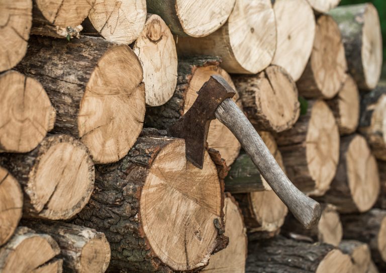 A deck of stacked logs and an axe in a log,the concept of drilling wood